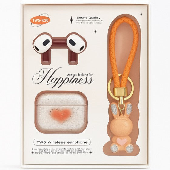 Auriculares Inalámbricos TWS K20 Happiness | Bluetooth Estable, Sonido Envolvente y Estuche con Llavero Decorativo
