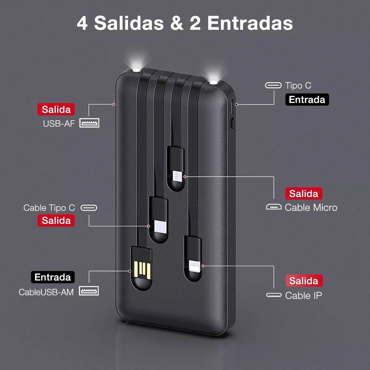 Power Bank 10000mah Bateria Portátil 4 Cables 1hora Gar148 - INOTEK s.a.s