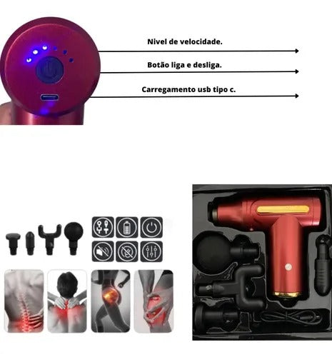 Pistola Masajeadora Muscular Eléctrica Inalámbrica – 6 Niveles de Intensidad y 4 Cabezales Intercambiables