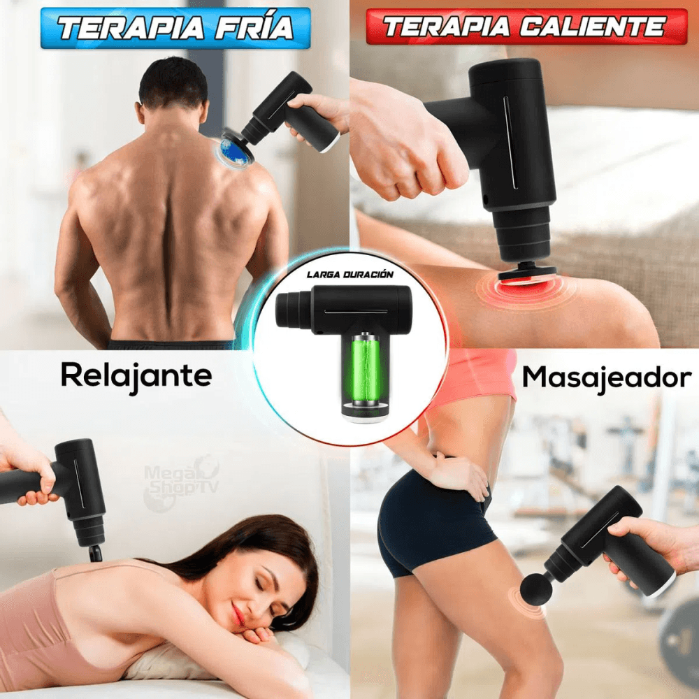 Pistola Masajeadora Muscular Eléctrica Inalámbrica – 6 Niveles de Intensidad y 4 Cabezales Intercambiables
