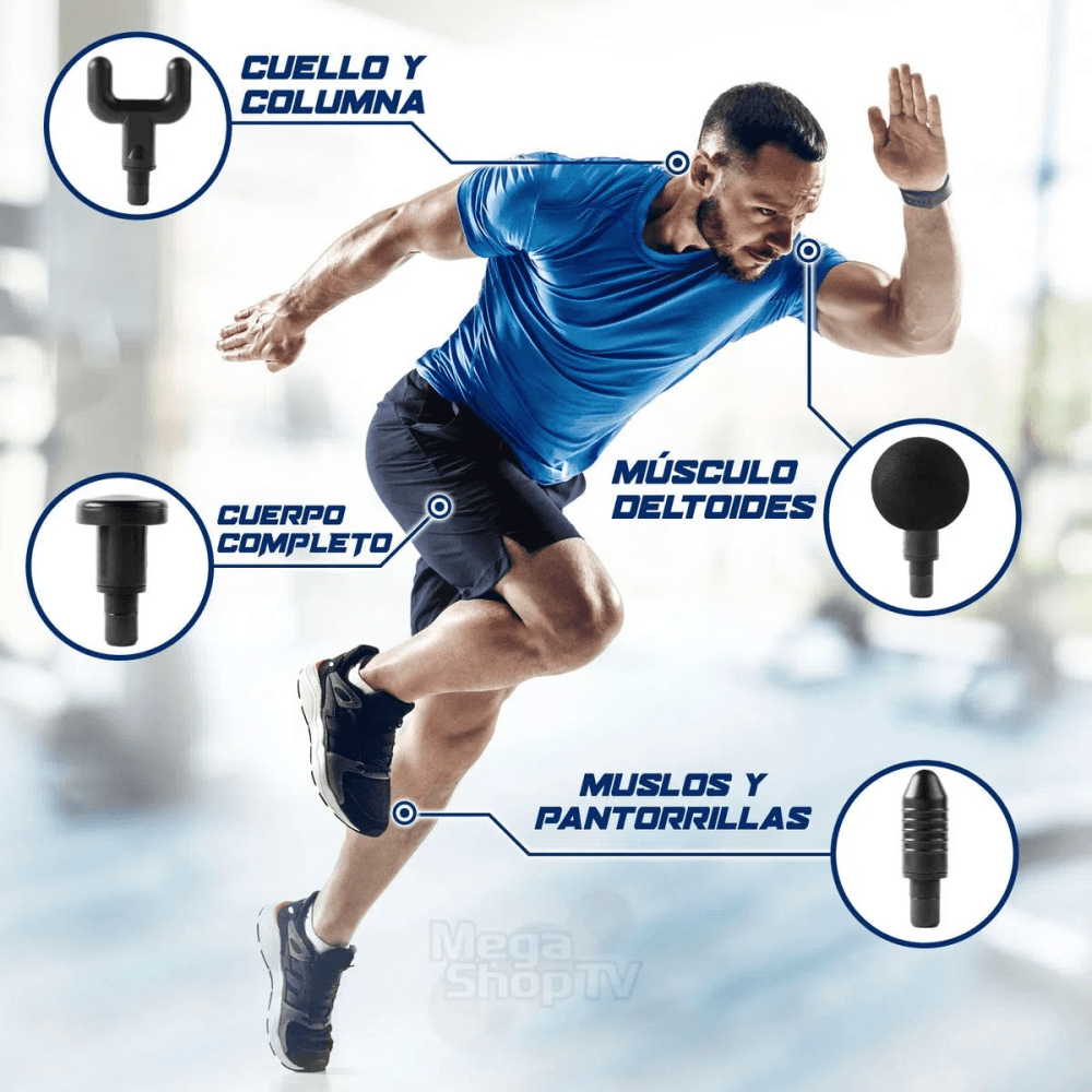 Pistola Masajeadora Muscular Eléctrica Inalámbrica – 6 Niveles de Intensidad y 4 Cabezales Intercambiables