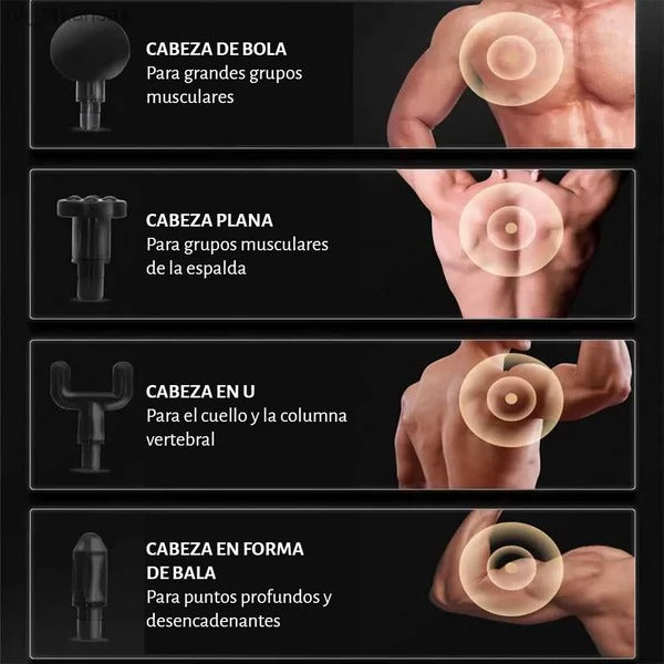 Pistola Masajeadora Muscular Eléctrica Inalámbrica – 6 Niveles de Intensidad y 4 Cabezales Intercambiables