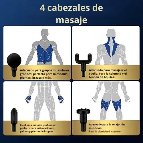Pistola Masajeadora Muscular Eléctrica Inalámbrica – 6 Niveles de Intensidad y 4 Cabezales Intercambiables