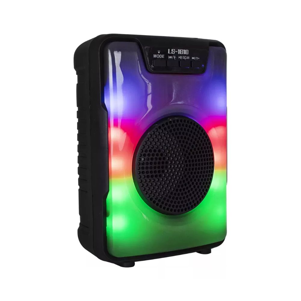 Parlante LS-1010 Bluetooth 5.0 | 5W, TWS, USB/AUX/FM + Luces LED | 6-8h Batería, (18x12cm)