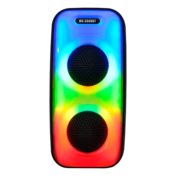 Parlante Bluetooth Portátil MS-2608BT con Doble Altavoz 3", Luces RGB y Ecualizador – 2400mAh, Negro