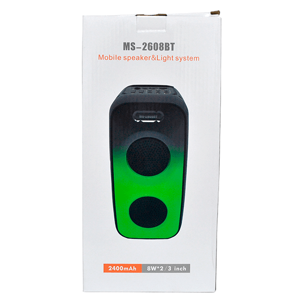 Parlante Bluetooth Portátil MS-2608BT con Doble Altavoz 3", Luces RGB y Ecualizador – 2400mAh, Negro