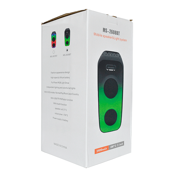 Parlante Bluetooth Portátil MS-2608BT con Doble Altavoz 3", Luces RGB y Ecualizador – 2400mAh, Negro
