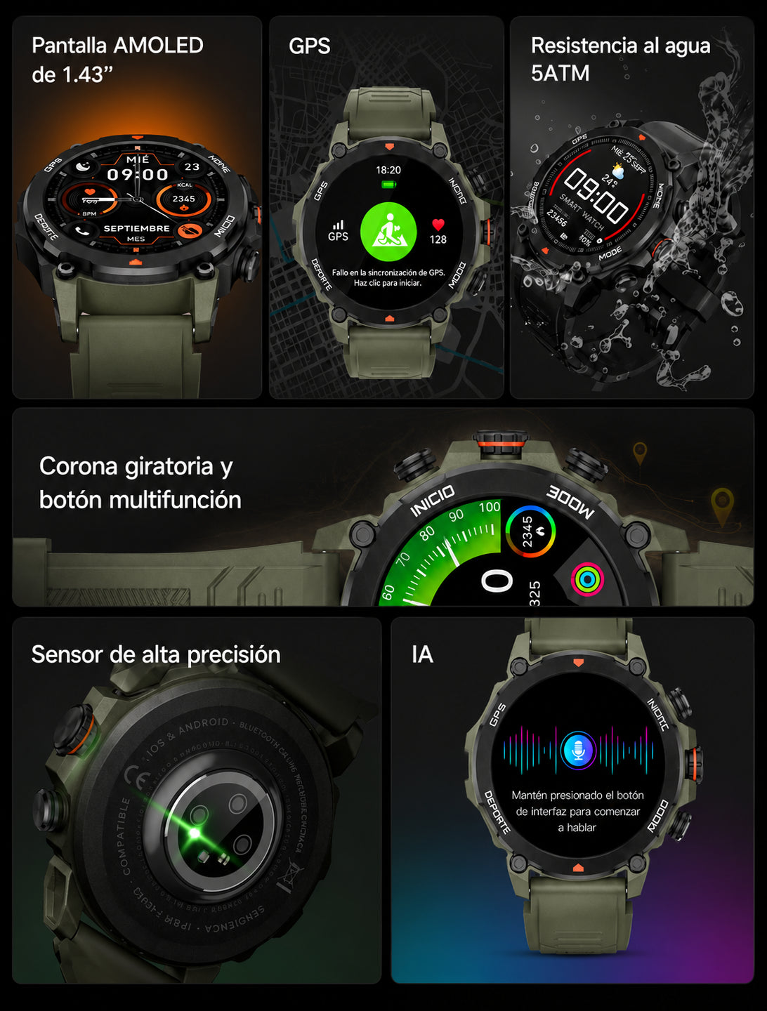 Smartwatch reloj inteligente Aurafit Trek 1 | Pantalla AMOLED, GPS Integrado, whatsapp y Llamadas