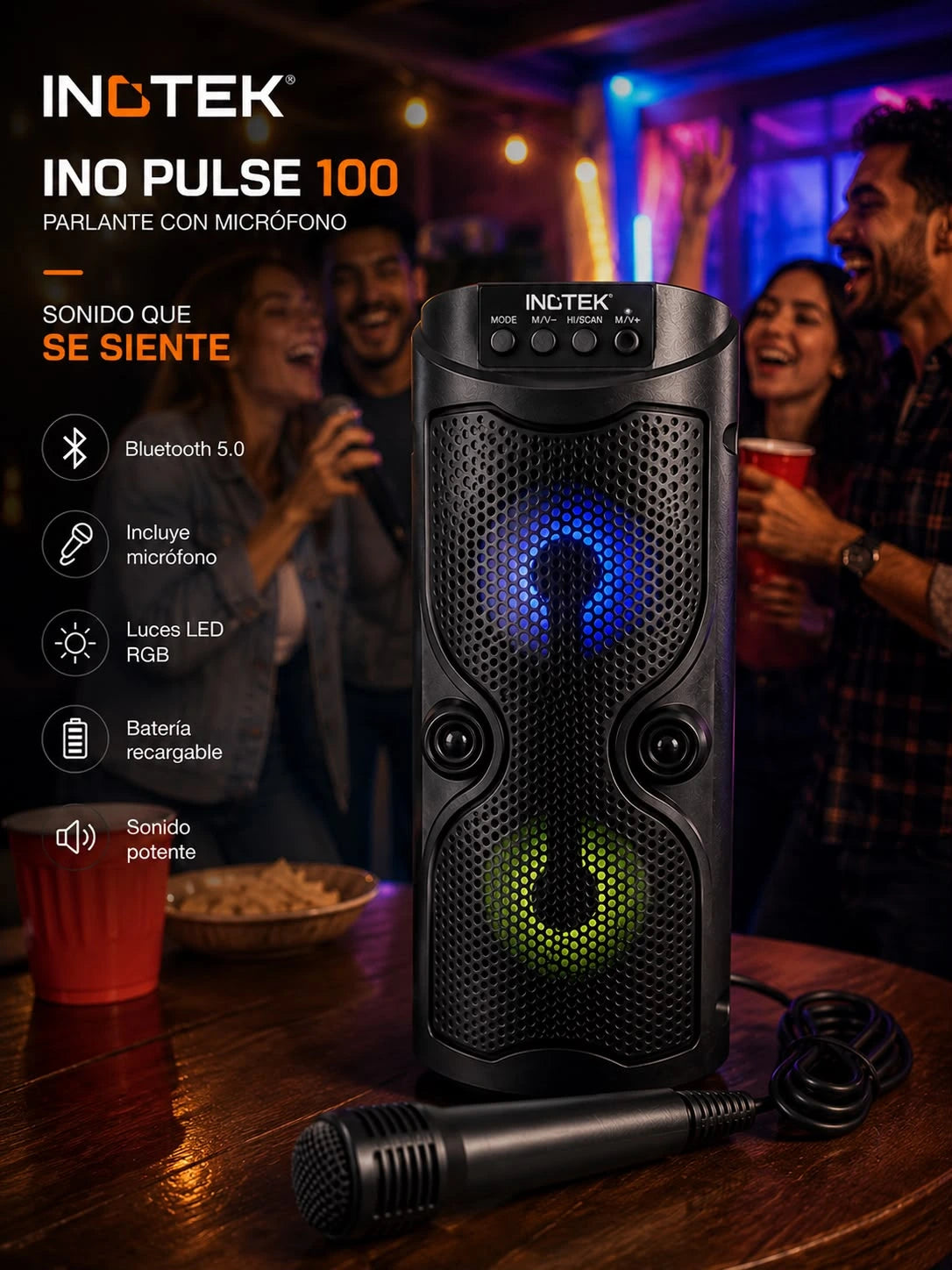 Parlante con microfono Ino Pulse 100 | Bluetooth, Luces LED y Portátil