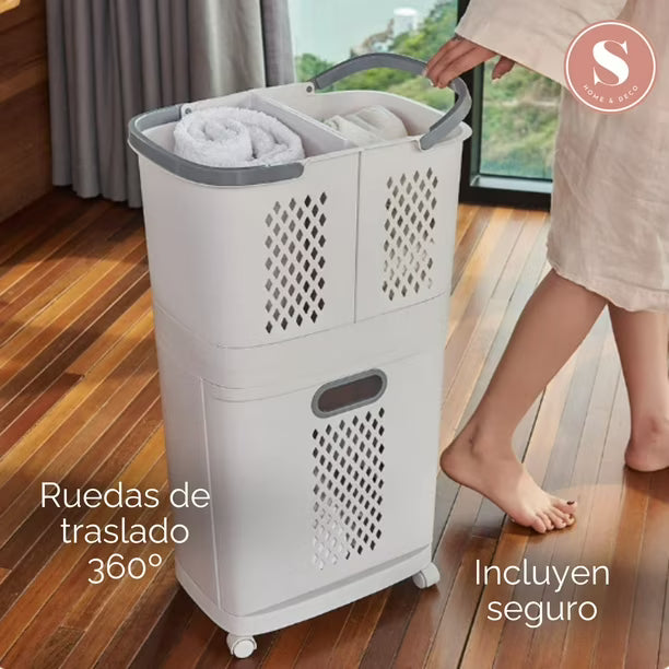 Organizador Cesta de Ropa Multiusos 3 Niveles con Ruedas - Desmontable y Portátil