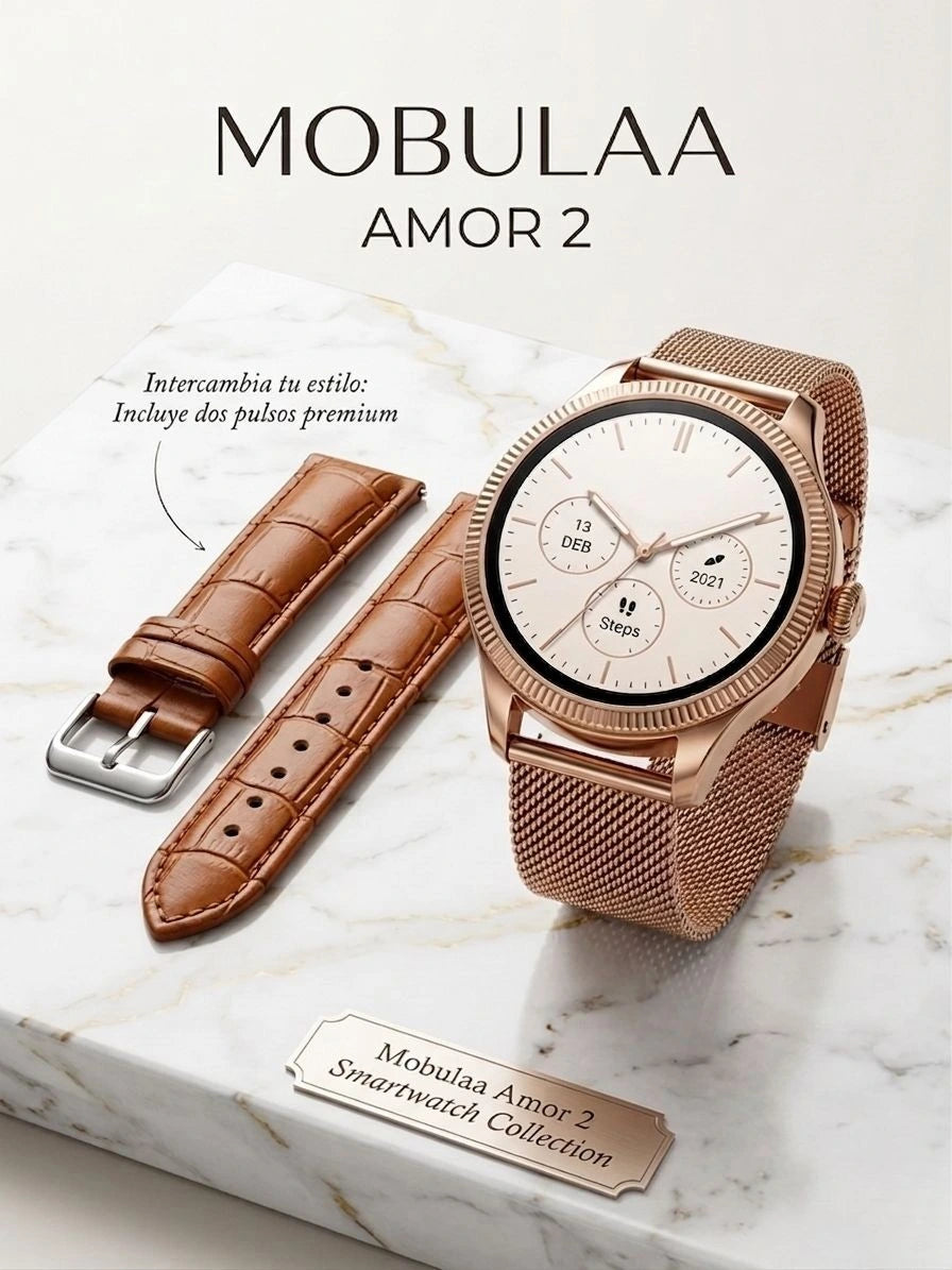 Smartwatch AMOR 2 | Reloj Inteligente AMOLED, Llamadas Bluetooth y Diseño Dorado Premium con 2 Correas