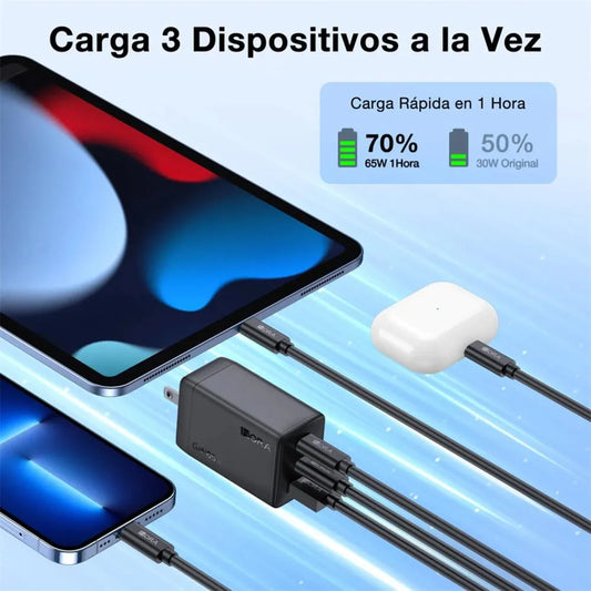 Cargador 65W Tipo C Carga Rápida 3 Puertos 1Hora GAR322
