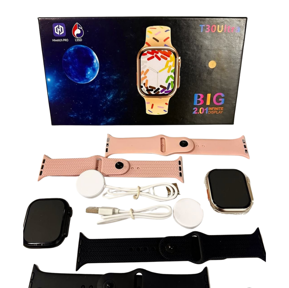 Smartwatch T30 Ultra | Notificaciones, Llamadas, Música y Salud - Carga Inalámbrica – Doble Correa