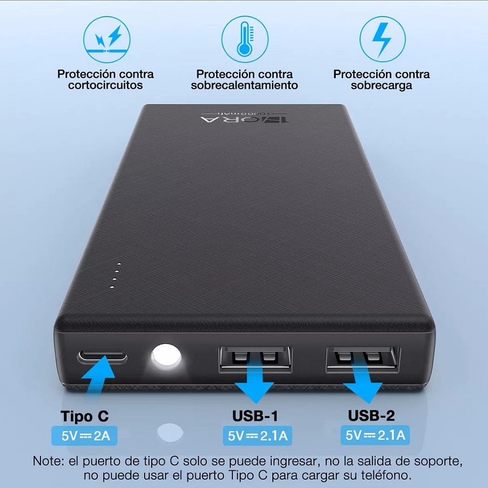 Power Bank Batería Portátil 10000mah Bateria 1hora Gar263  Con 2 Usb Salidas Y 1 Entrada Tipo C Negro