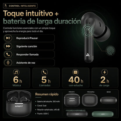 Audífonos AuraBuds WF7: Cancelación de Ruido Inteligente, Ergonomía y Llamadas Claras