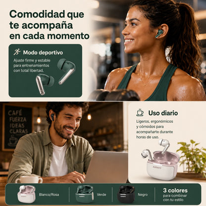 Audífonos AuraBuds WF7: Cancelación de Ruido Inteligente, Ergonomía y Llamadas Claras