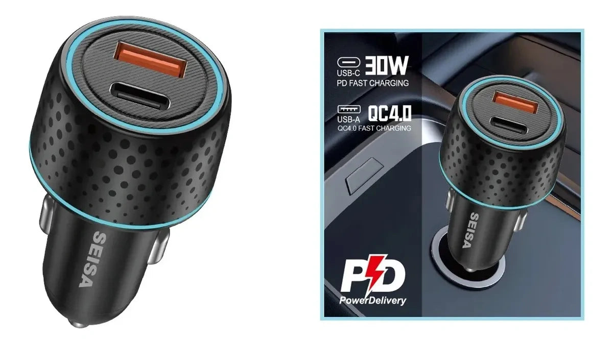 Cargador de Auto Carga Rápida SEISA SM-FS448  Doble Puerto Tipo C/USB
