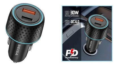 Cargador de Auto Carga Rápida SEISA SM-FS448  Doble Puerto Tipo C/USB