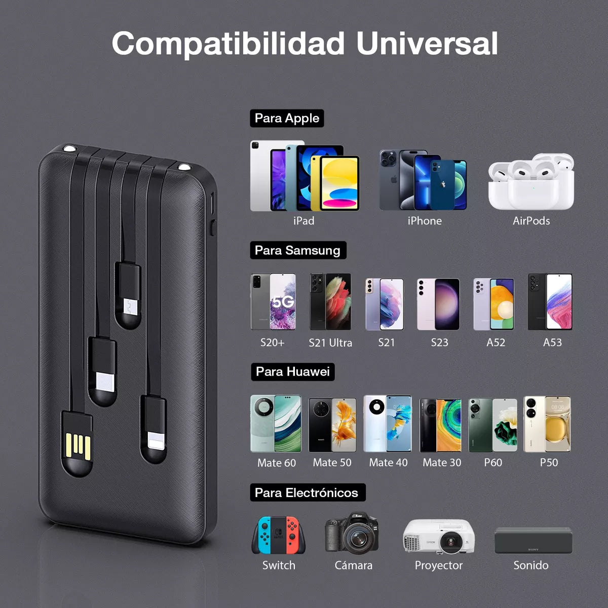 Power Bank 10000mah Bateria Portátil 4 Cables 1hora Gar148