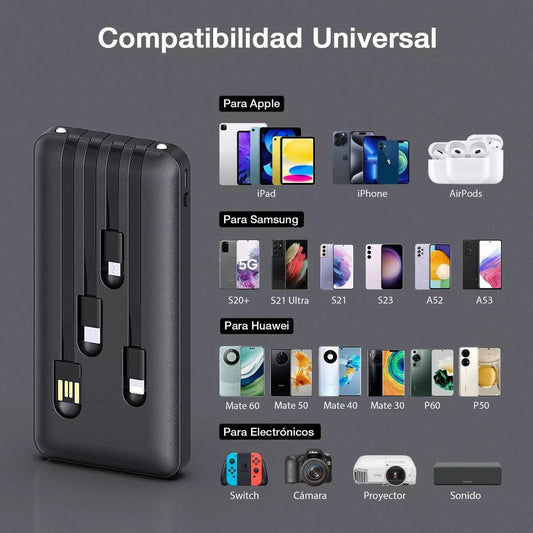 Power Bank 10000mah Bateria Portátil 4 Cables 1hora Gar148 - INOTEK s.a.s