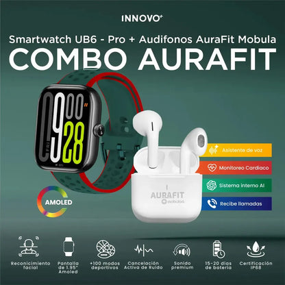 Combo Smartwatch AuraFit UB6 Pro AMOLED + Audífonos Mobulaa