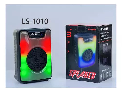 Parlante LS-1010 Bluetooth 5.0 | 5W, TWS, USB/AUX/FM + Luces LED | 6-8h Batería, (18x12cm)