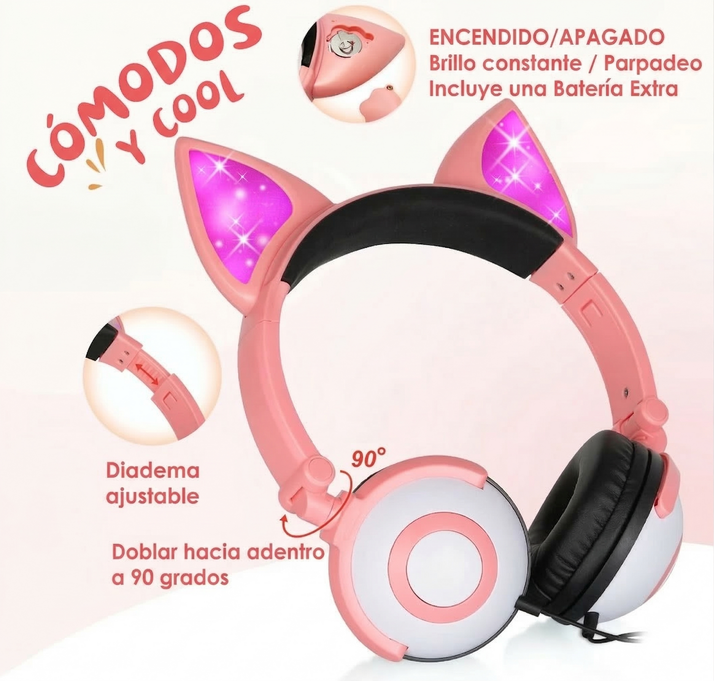 Auriculares Audífonos con Orejas de Gato, Plegables y con Luz LED – Diversión, Comodidad y Estilo para Niños y Niñas 🐱✨