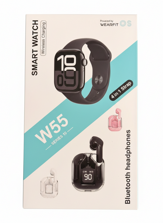 Smartwatch W55 Super Set 2 en 1 | Reloj Inteligente + Auriculares Bluetooth, Salud y Deporte