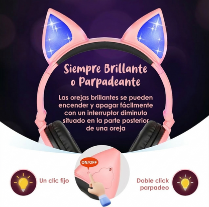 Auriculares Audífonos con Orejas de Gato, Plegables y con Luz LED – Diversión, Comodidad y Estilo para Niños y Niñas 🐱✨