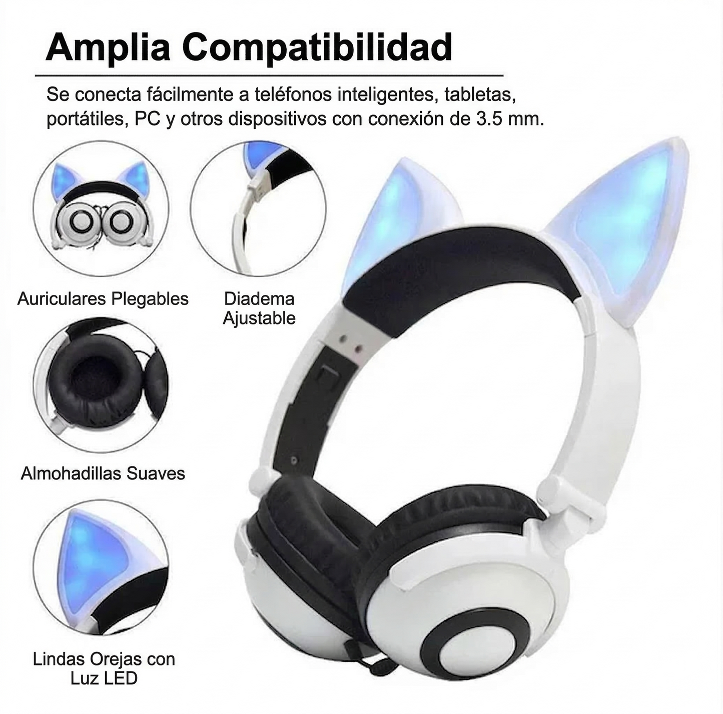 Auriculares Audífonos con Orejas de Gato, Plegables y con Luz LED – Diversión, Comodidad y Estilo para Niños y Niñas 🐱✨