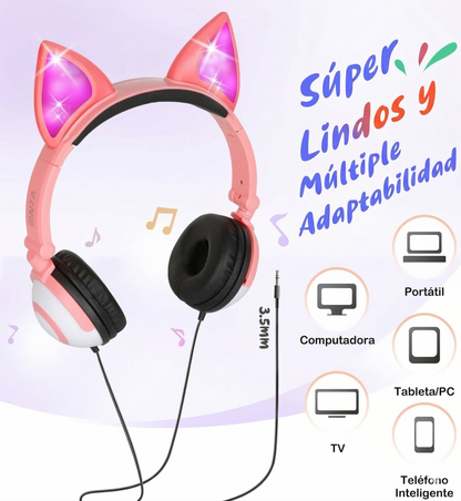 Auriculares Audífonos con Orejas de Gato, Plegables y con Luz LED – Diversión, Comodidad y Estilo para Niños y Niñas 🐱✨