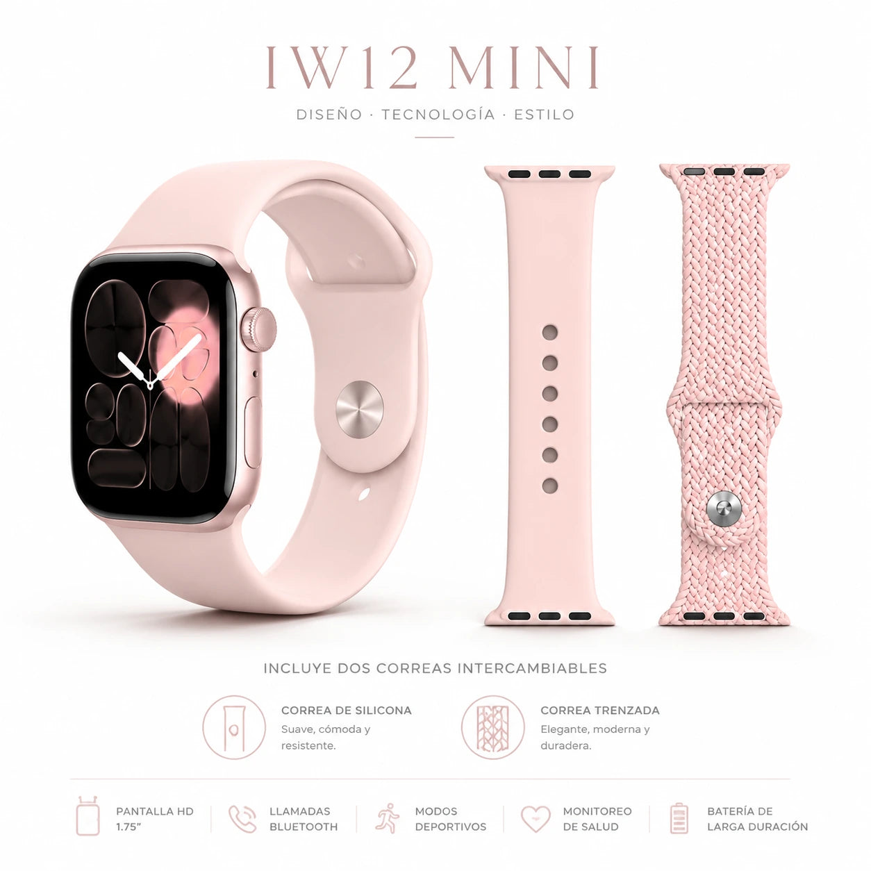 Reloj Inteligente IW12 Mini: Diseño Compacto, IA y Llamadas, DOS CORREAS