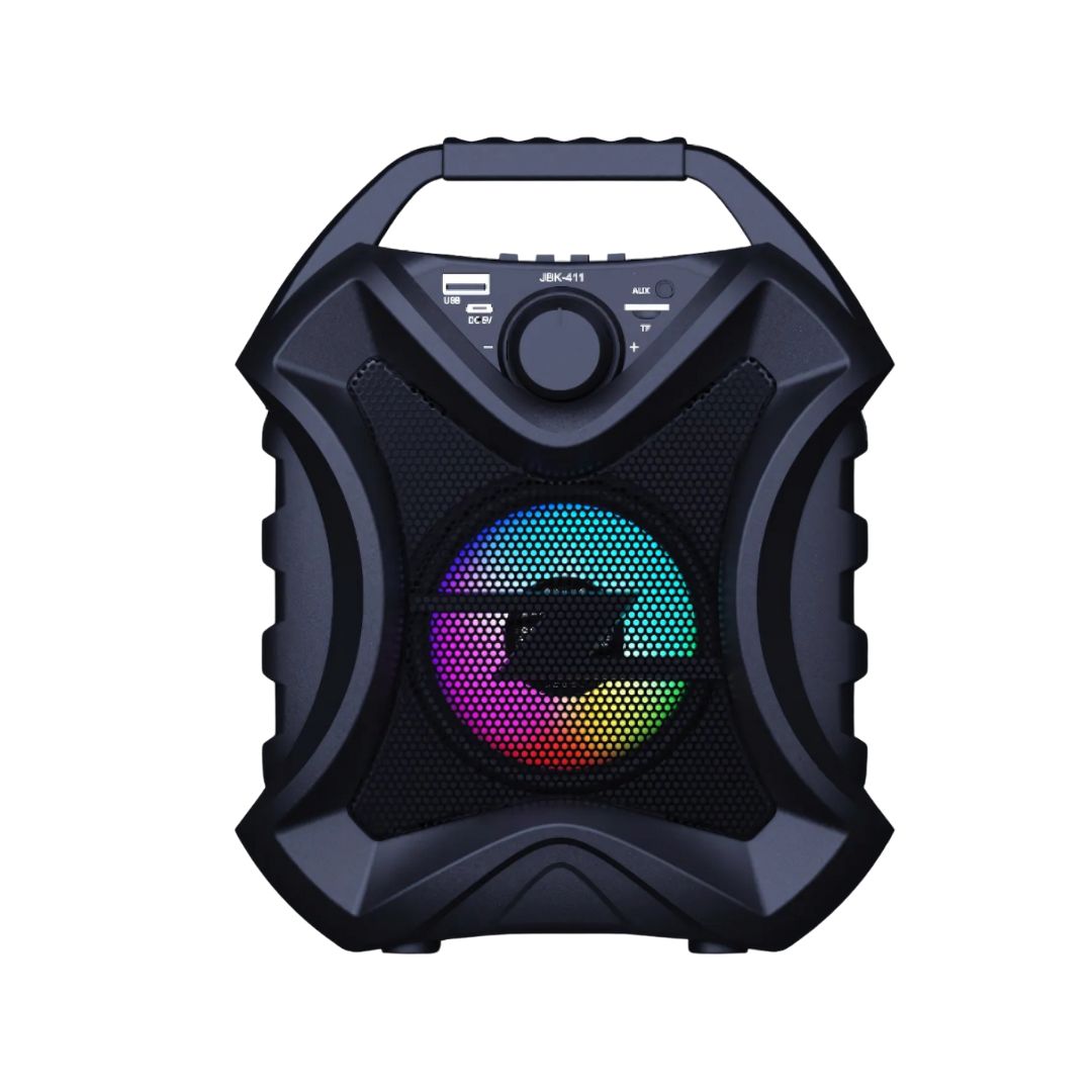 Parlante JBK-411 Bluetooth | 5W, USB/SD/FM - Batería 1200mAh (6h) + Luces LED - Portátil (22cm)