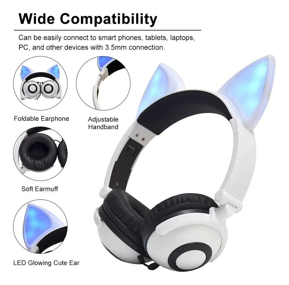 Auriculares Audífonos con Orejas de Gato, Plegables y con Luz LED – Diversión, Comodidad y Estilo para Niños y Niñas 🐱✨