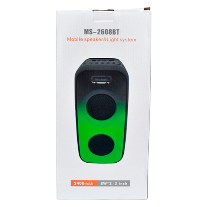Parlante Bluetooth Portátil MS-2608BT con Doble Altavoz 3", Luces RGB y Ecualizador – 2400mAh, Negro