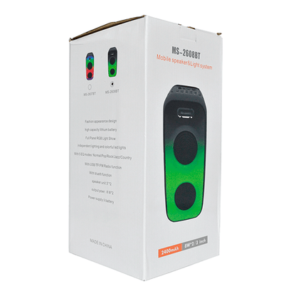 Parlante Bluetooth Portátil MS-2608BT con Doble Altavoz 3", Luces RGB y Ecualizador – 2400mAh, Negro