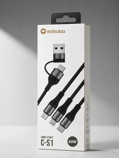 Mobulaa C-S1: 3 puntas, entrada usb y tipo C para Celular y Tablet, carga rapida 60W, 1.2 metros