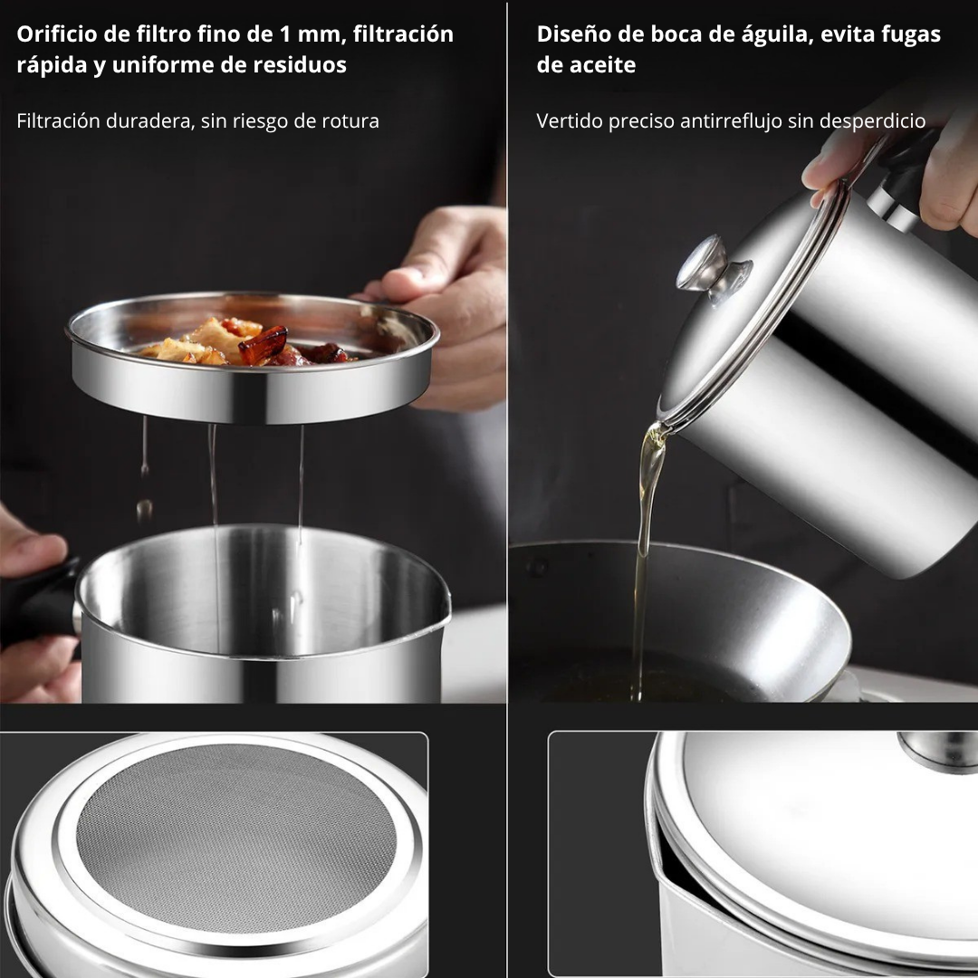 Olla Coladora de Aceite de Acero Inoxidable con Malla Fina – Almacenamiento Seguro y Práctico