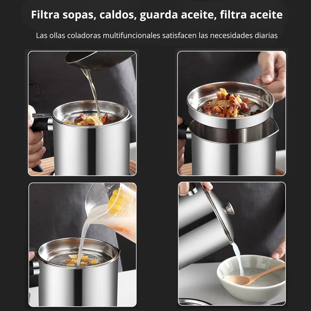 Olla Coladora de Aceite de Acero Inoxidable con Malla Fina – Almacenamiento Seguro y Práctico