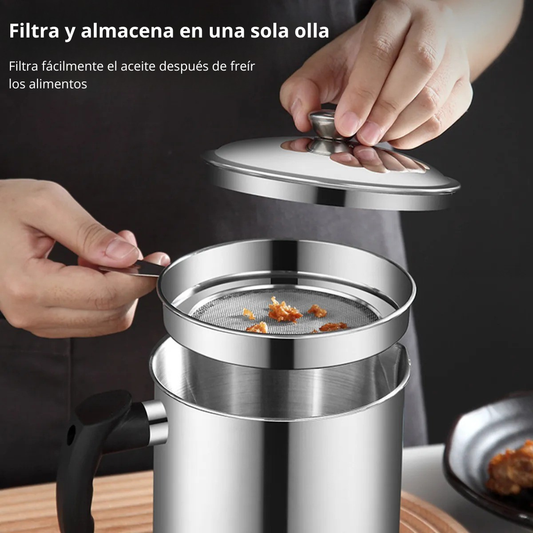 Olla Coladora de Aceite de Acero Inoxidable con Malla Fina – Almacenamiento Seguro y Práctico