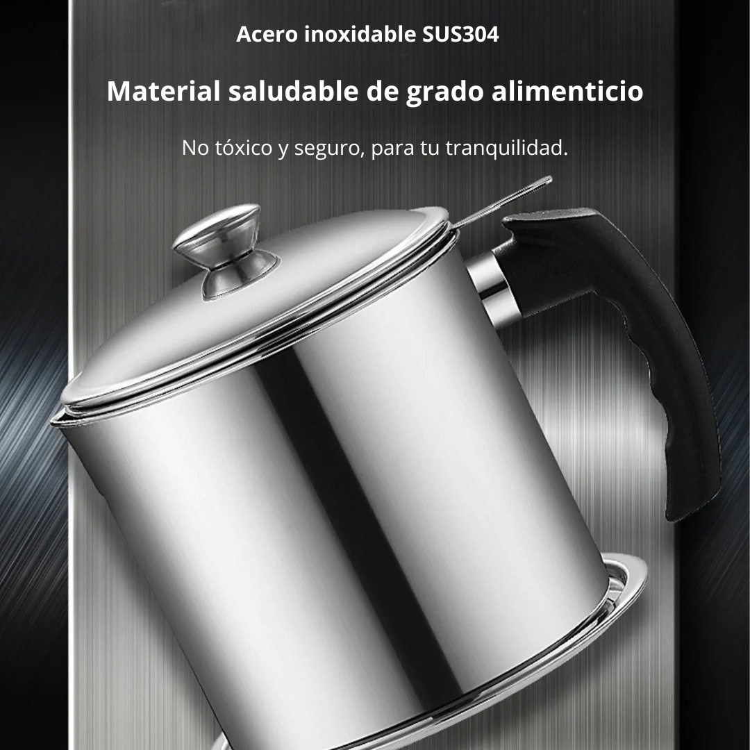 Olla Coladora de Aceite de Acero Inoxidable con Malla Fina – Almacenamiento Seguro y Práctico