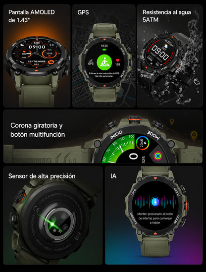 Smartwatch reloj inteligente Aurafit Trek 1 | Pantalla AMOLED, GPS Integrado, whatsapp y Llamadas