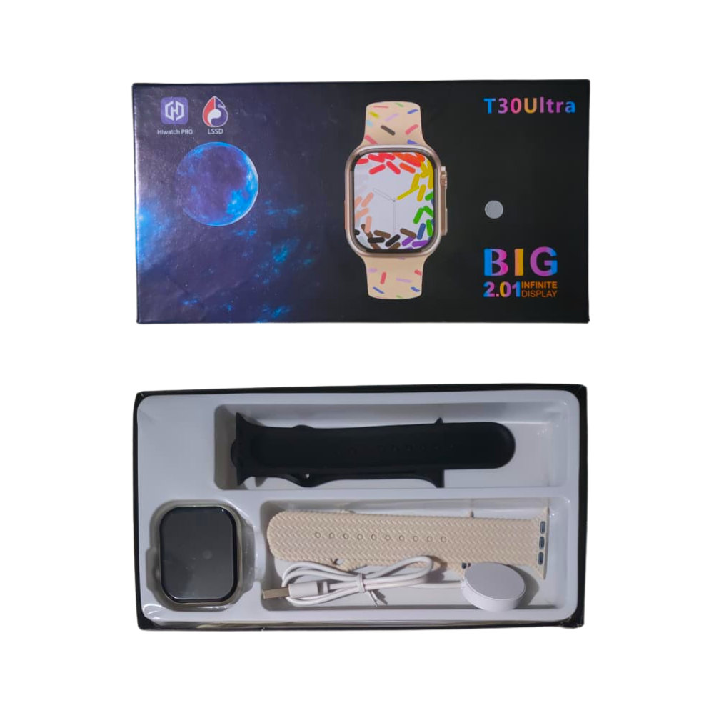 Smartwatch T30 Ultra | Notificaciones, Llamadas, Música y Salud - Carga Inalámbrica – Doble Correa