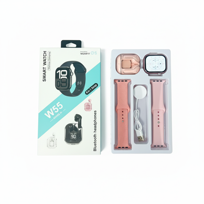 Smartwatch W55 Super Set 2 en 1 con Auriculares Bluetooth – Salud, Deporte y Notificaciones