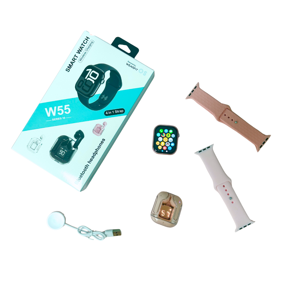 Smartwatch W55 Super Set 2 en 1 con Auriculares Bluetooth – Salud, Deporte y Notificaciones