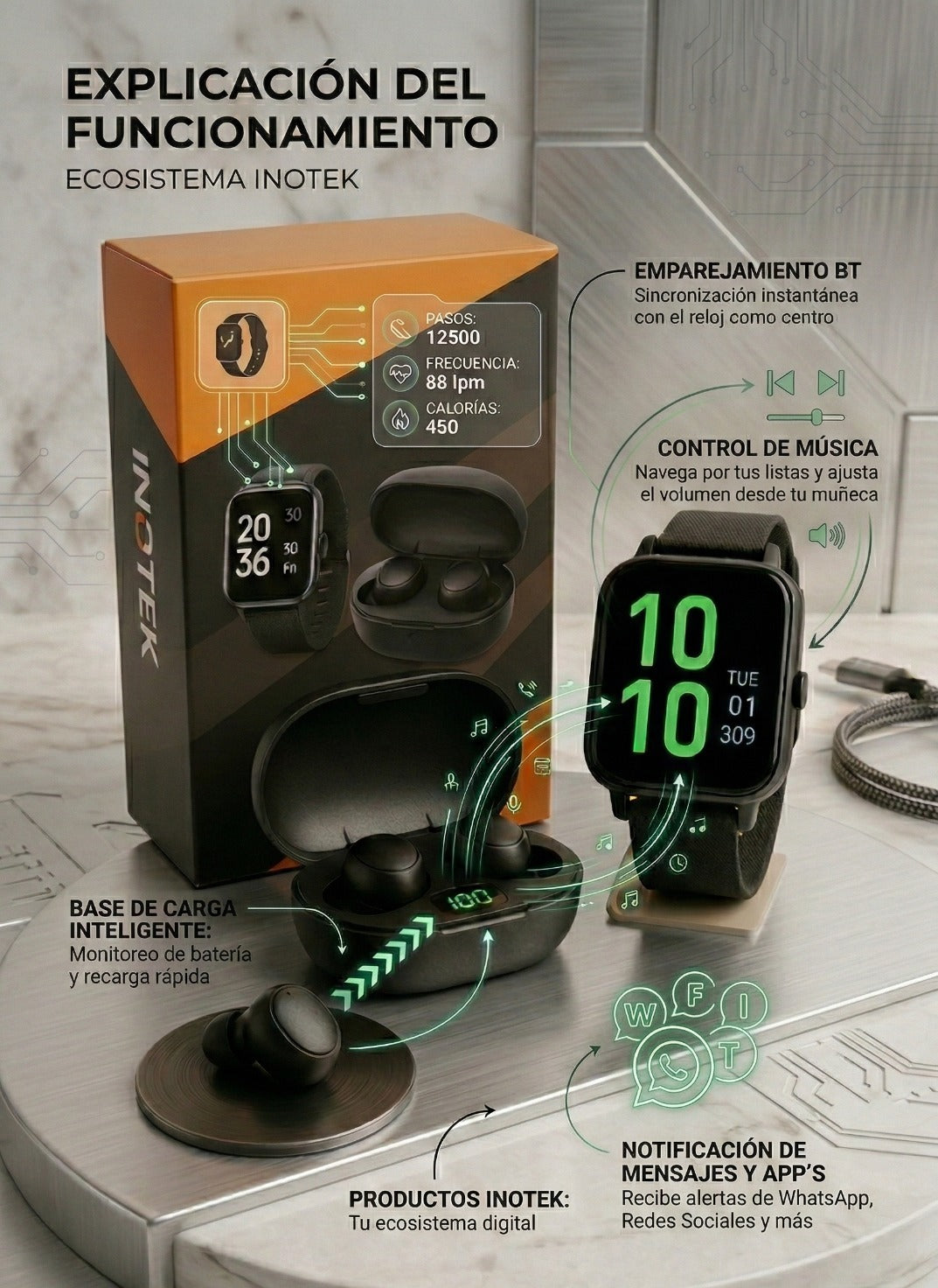 Reloj Smartwatch + Audífonos Inalámbricos, 2 en 1 - Combo inteligente