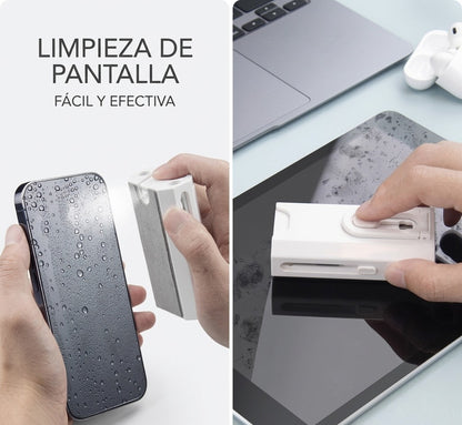 Spray limpiador y paño de microfibra para pantallas del kit