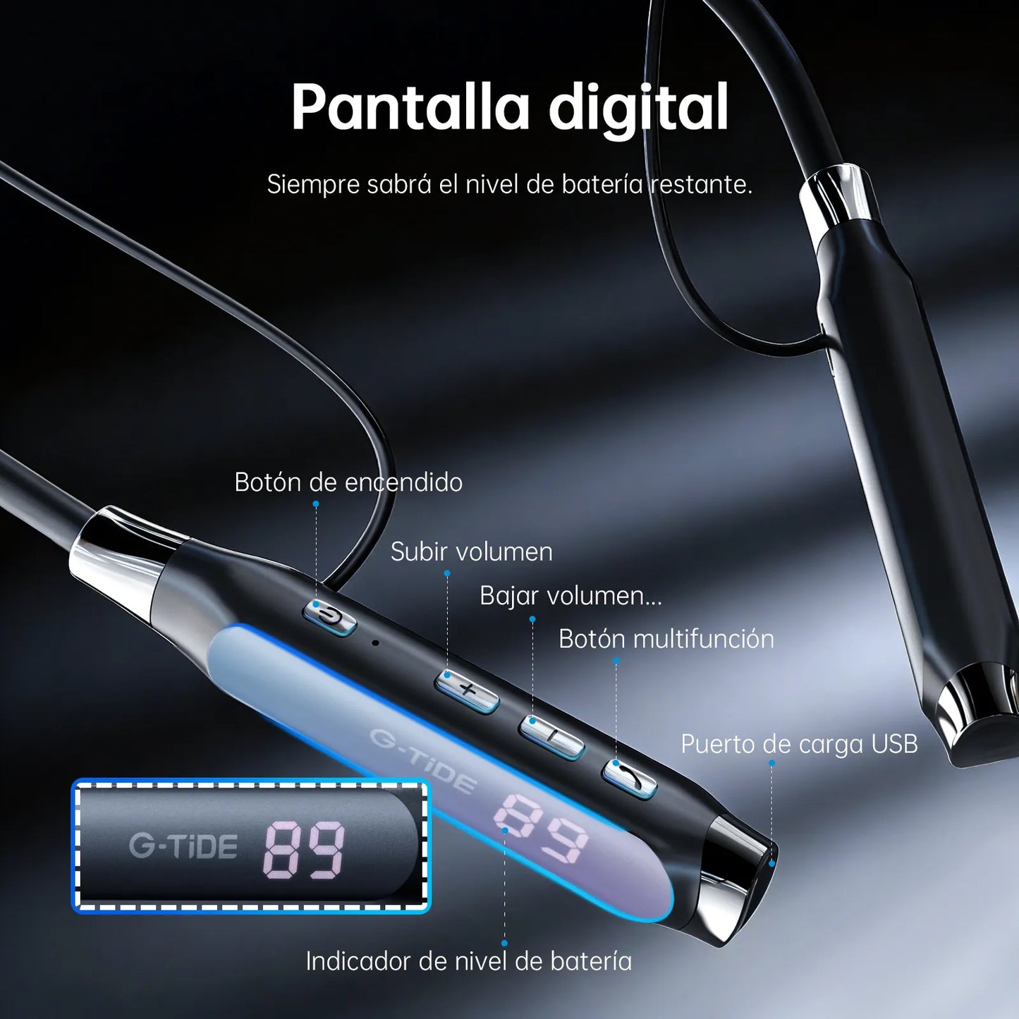 Audífonos de Cuello G-Tide EG22: Reproductor MP3 Independiente (Micro SD), Pantalla Digital LCD y Cancelación de Ruido ENC