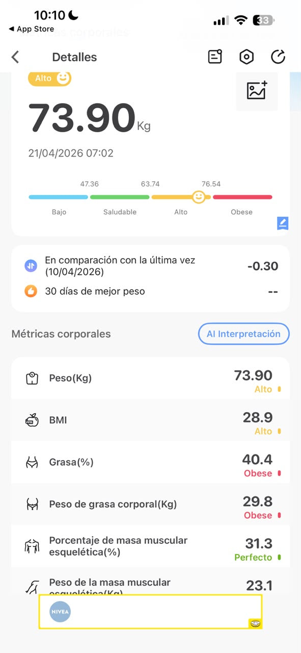Captura de la app OKOK: peso, IMC, grasa corporal y más