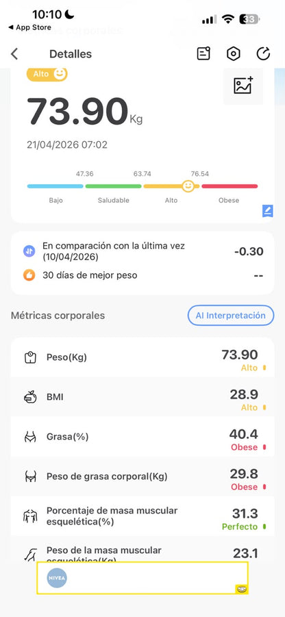 Captura de la app OKOK: peso, IMC, grasa corporal y más